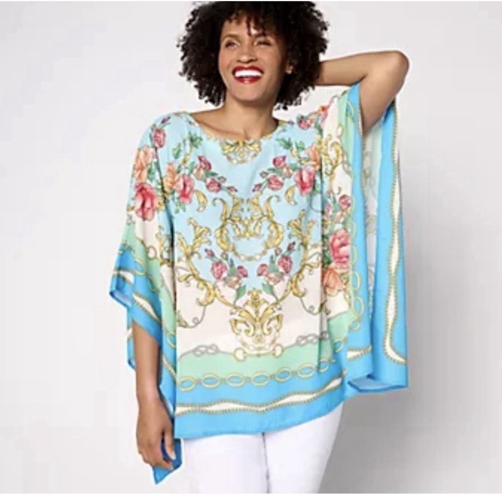 Belle by Kim Gravel High Status Poncho Top Womens 2X Blue Floral Caftan Tunic
